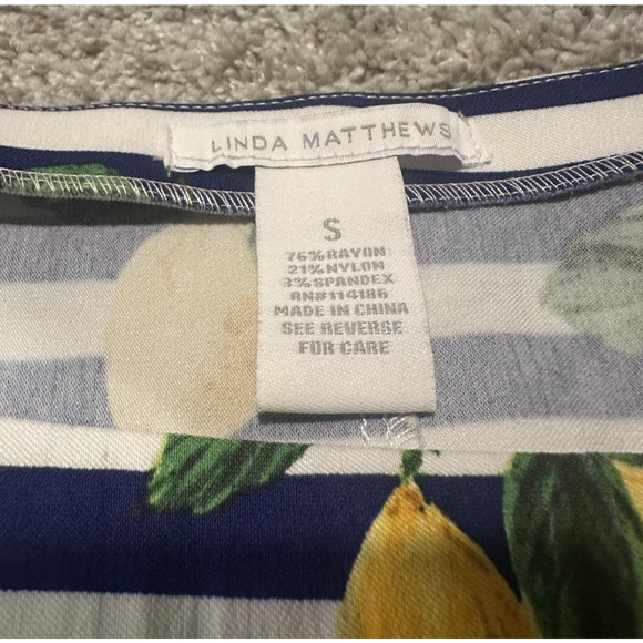 Linda Matthews Lemon Print Striped Skirt Women’s Small Blue White Fruit A-Line - Picture 7 of 7